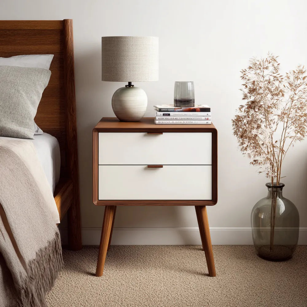Bedside Table 45x35x60 cm - Wood and White - 2 Drawer - Modern Design