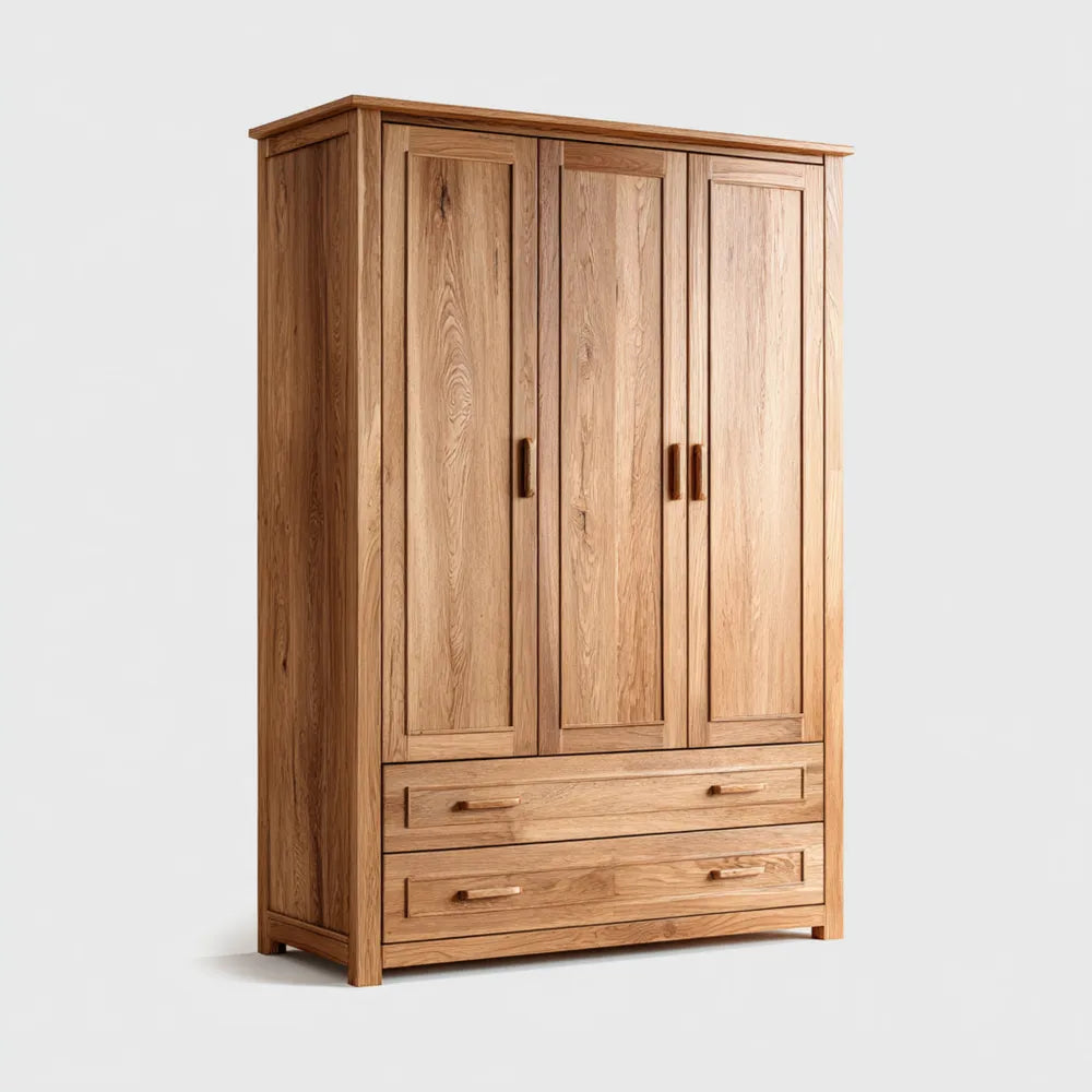 Wardrobe Solid Wood 3-Door with 2 Drawers 150x60x200 cm - Oak Finish - Classic Style