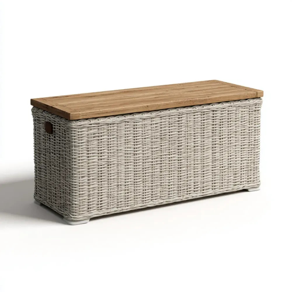 Wicker Storage Bench - Natural Wood Top 120x45x50 cm - Indoor/Outdoor
